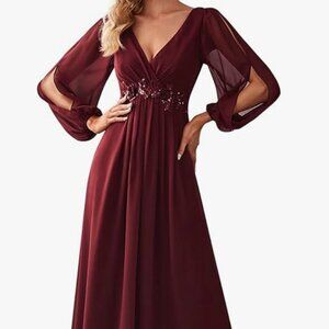 Ever Pretty Long Sleeve Burgundy Red Dress Size 12 Holiday Christmas